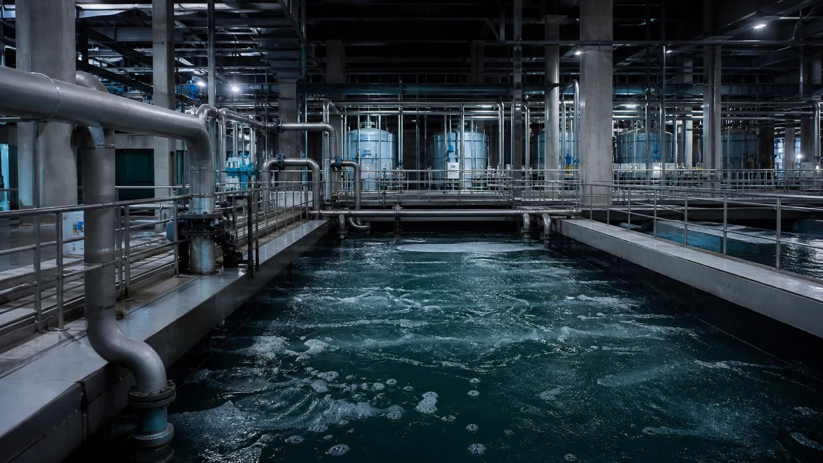 Engineered water treatment environment with aeration basins and filtration equipment